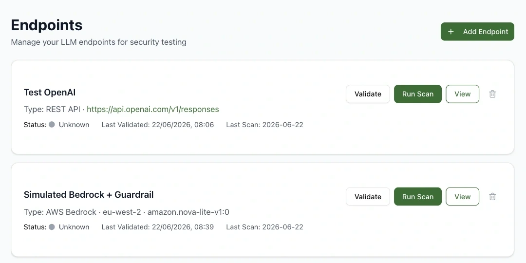 The ProbeSix endpoints page listing registered LLM endpoints ready for testing